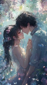 Two figures stand closely under soft filtered floral light