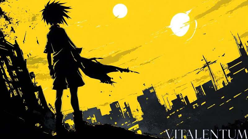 Twin-sun silhouette boy roaming a shattered neon wasteland.
