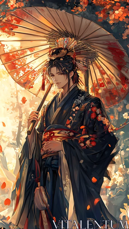 Autumn kimono elegance beneath a sunlit painted parasol.