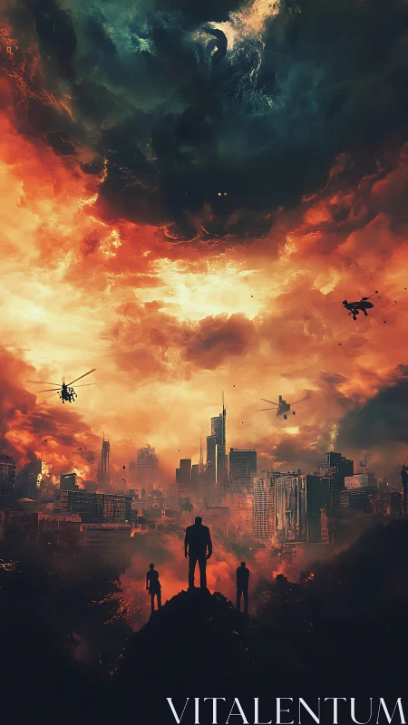 Apocalyptic skyline burns beneath colossal storm entity