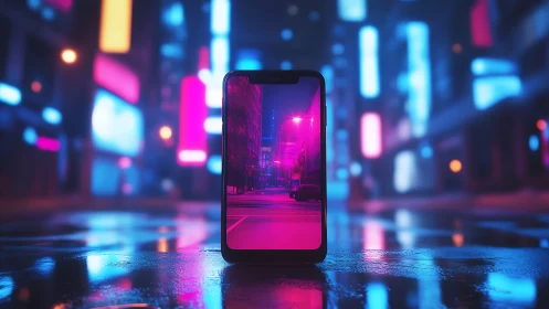 Smartphone frames neon city street in cyberpunk nightscape.
