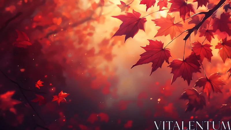 Whispering autumn leaves drift through ember-tinted twilight.