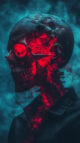 Digital painting profile of flaming skull in cyan haze atmosphere.
