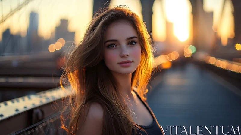 Young woman on city bridge at sunset with soft bokeh light.