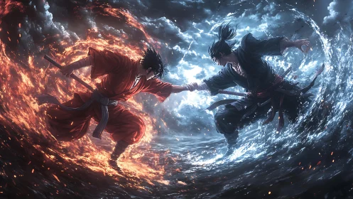 Dueling samurai of fire and stormy water collide midair.