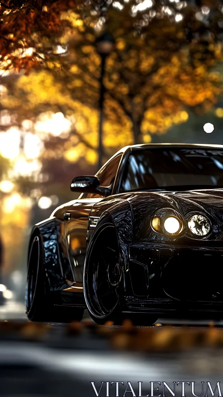 Bold black sports car glows warmly under golden autumn trees