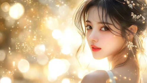 Ethereal bridal portrait glows within golden sparkling light