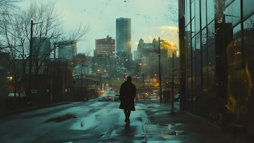 Silhouetted person walks on wet city street toward glowing skyline