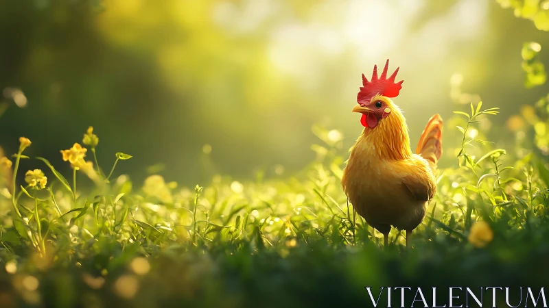 Rooster in meadow with yellow flowers and diffused sunlight.