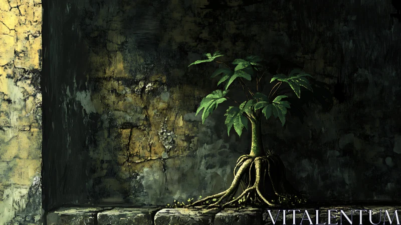 Small rooted tree against cracked concrete wall at dusk.