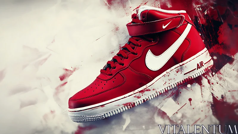 Photorealistic red sneaker render with dynamic splatter backdrop.