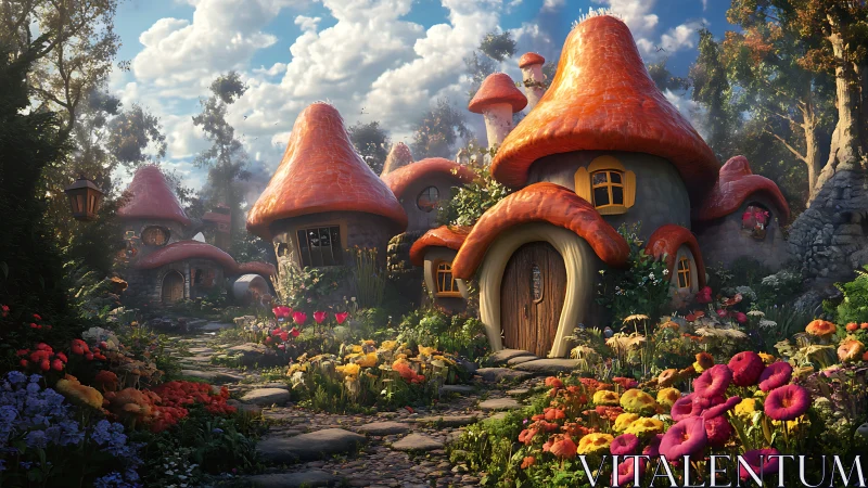Whimsical mushroom cottages line a floral stone path at dawn