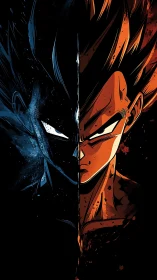 Bisection portrait contrasts dual-colored anime warrior with splatter lighting