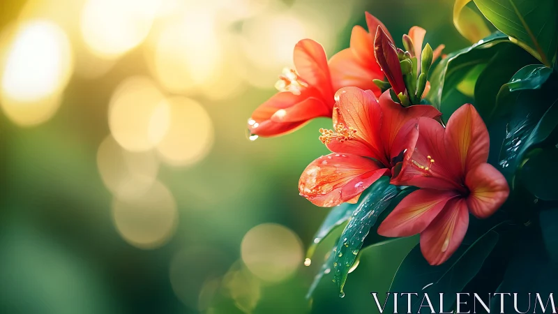 Red hibiscus flowers with water droplets on green stems and leaves.