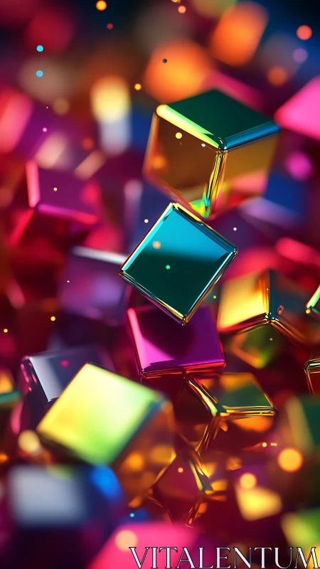 Vibrant glass cubes drift through neon bokeh light