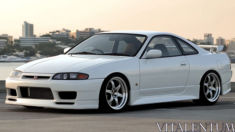 White Nissan GT-R coupe parked on waterfront roadway at dusk.
