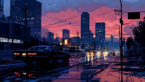 Wet urban roadway at dusk with cars and tall buildings.