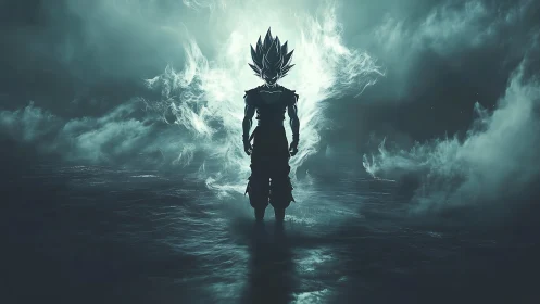 Silhouetted warrior in teal energy storm over dark water.