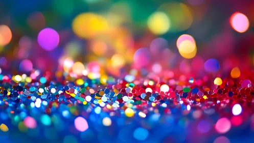 Glittering bokeh confetti field in vivid rainbow focus.