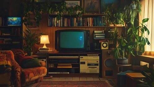 Retro living room with vintage TV, books, and lush plants.
