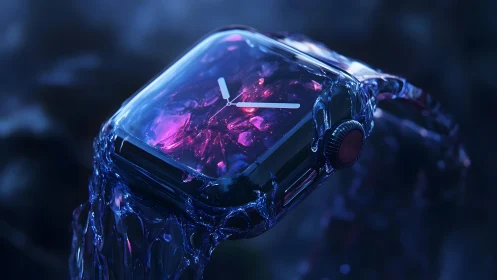 Futuristic smartwatch with glowing crystal face in digital art style.