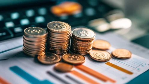 Stacks of coins sit on financial charts and calculator