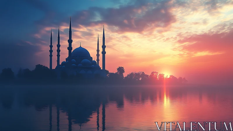 Mosque silhouette reflects over misted lake at chromatic dawn