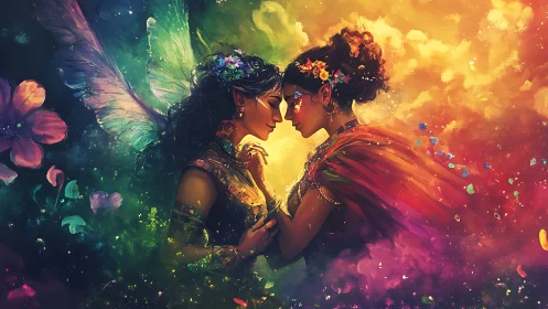 Enchanted Fairies Face Each Other in Mystical Garden of Light