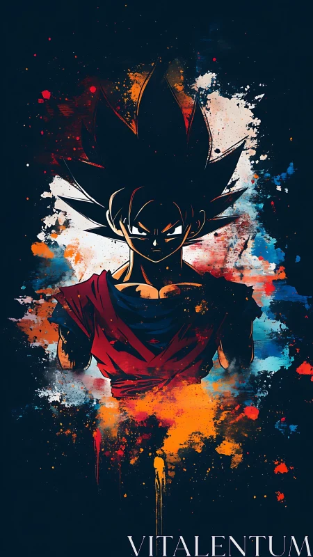 Anime warrior silhouette amid explosive paint splashes.