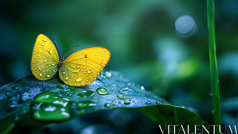 Golden butterfly resting on rain-kissed jungle leaf.