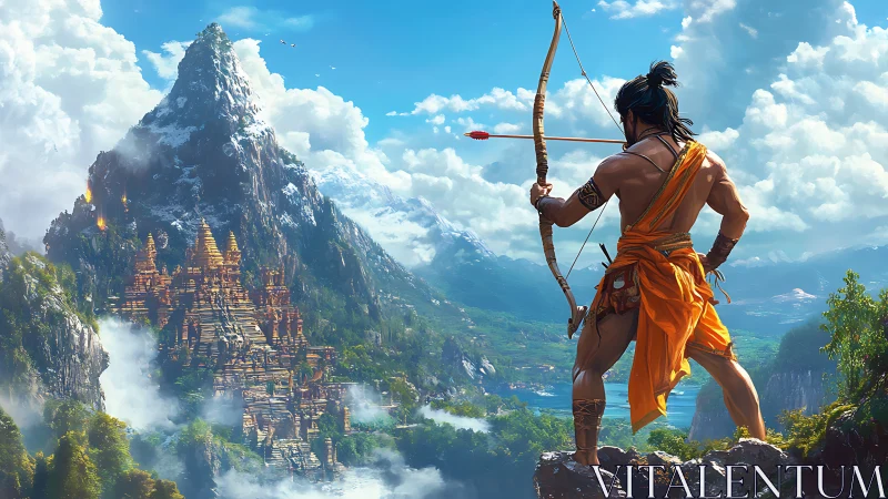 Heroic archer surveys a mystical mountain temple realm