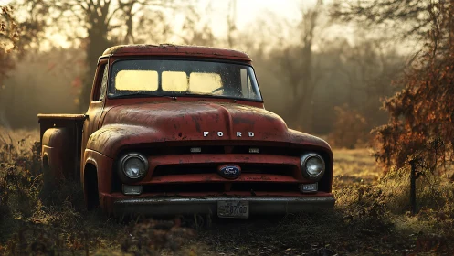 Old red Ford pickup truck in overgrown rural field at dawn.