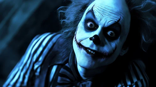 Blue lit creepy clown portrait with striped costume.