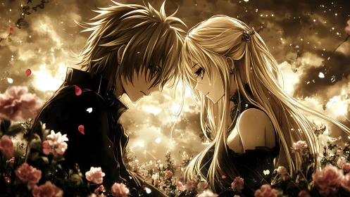 Romantic anime couple framed by rose field and sepia backlight