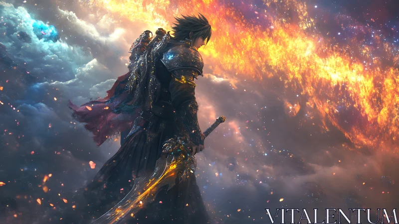 Celestial bladebearer strides beneath a burning aurora sky.