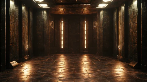 Industrial sci fi corridor with glowing amber strip lights.