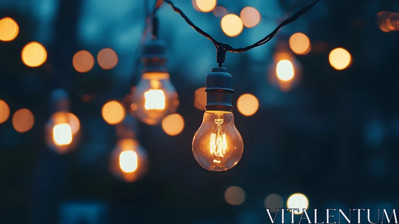 Edison bulb string lights glow against deep twilight blur.