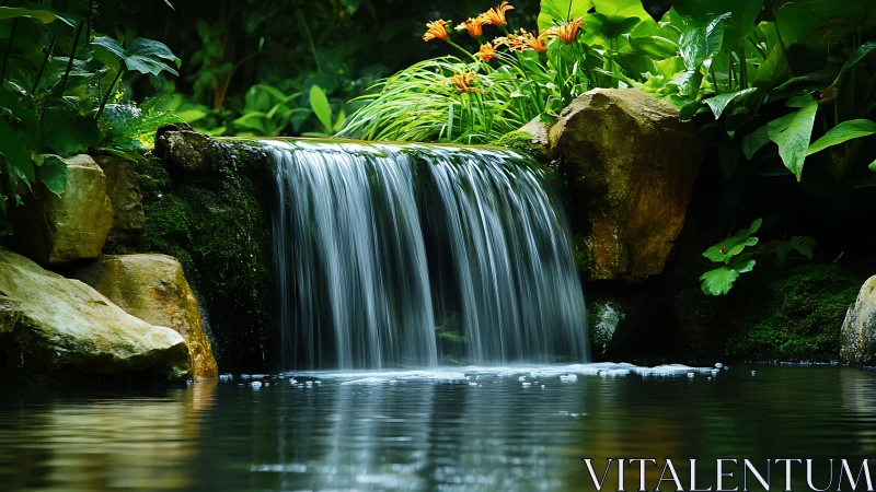 Lush garden waterfall with mossy rocks and orange blooms.