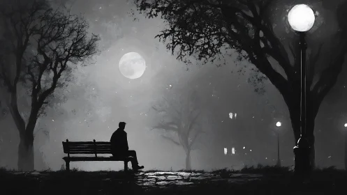 Solitary man on park bench under moonlit foggy sky.