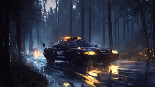 Police cruiser cutting through rain-soaked forest road at night.