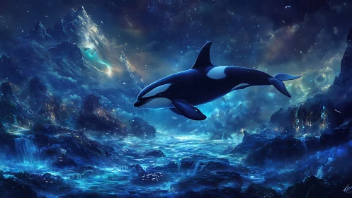 Epic celestial orca above bioluminescent alien oceanic landscape