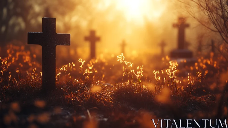 Photorealistic cemetery sunrise with backlit crosses and flora.