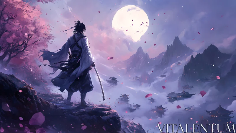 Samurai surveys misty mountain pagodas under luminous full moon