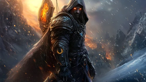 Hooded armored warrior with glowing eyes in frozen battlefield.