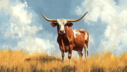 Texas longhorn standing in dry field under cloudy sky.
