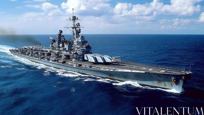 Large gray battleship underway on open ocean surface.