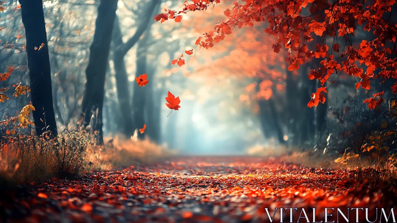 Foggy forest path with vivid red autumn leaves falling.