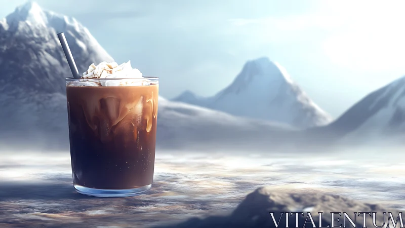 Iced cola beverage with whipped cream atop crystalline mountain landscape.