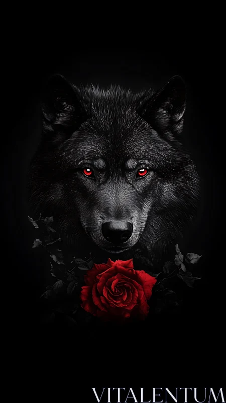 Black wolf portrait with red eyes and single red rose.