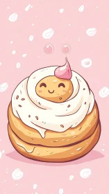 Adorable Cream-Filled Pastry with Cookie Character on Pink Background.